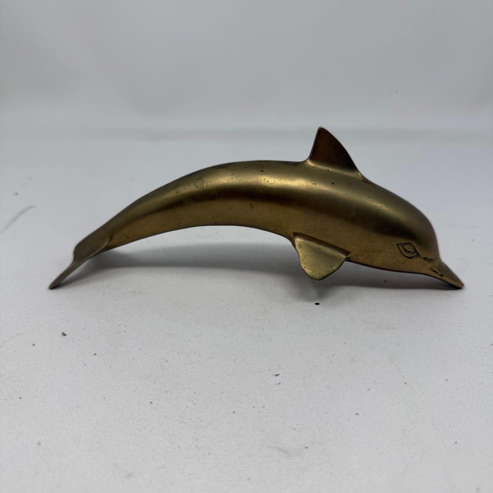 Vintage Solid Brass Dolphin Figurine Mid Century Modern Nautical Decor 7.5 Inch